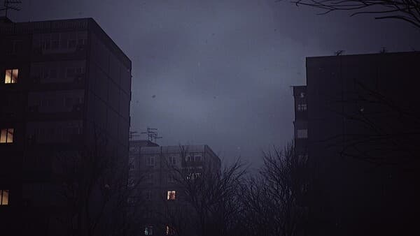 Atmospheric winter evening in the town